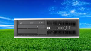 An HP 8200 Elite Desktop Small Form Factor in horizontal position, with grassland and sky in the background